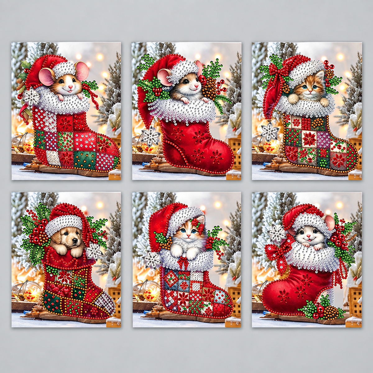 Weihnachtskarten mit Tieren in Socken | 6 Stück | Diamond Painting