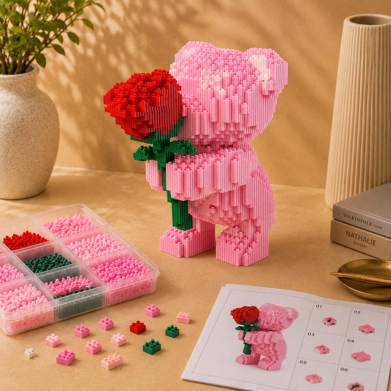 Rosa Bärchen mit Rose | Bausteine