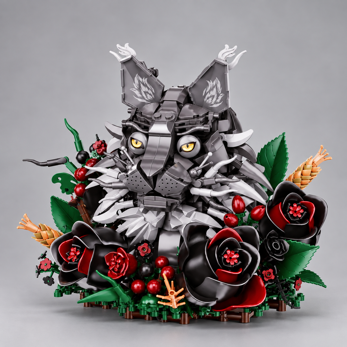 Graue Katze zwischen Blumen | Bausteine