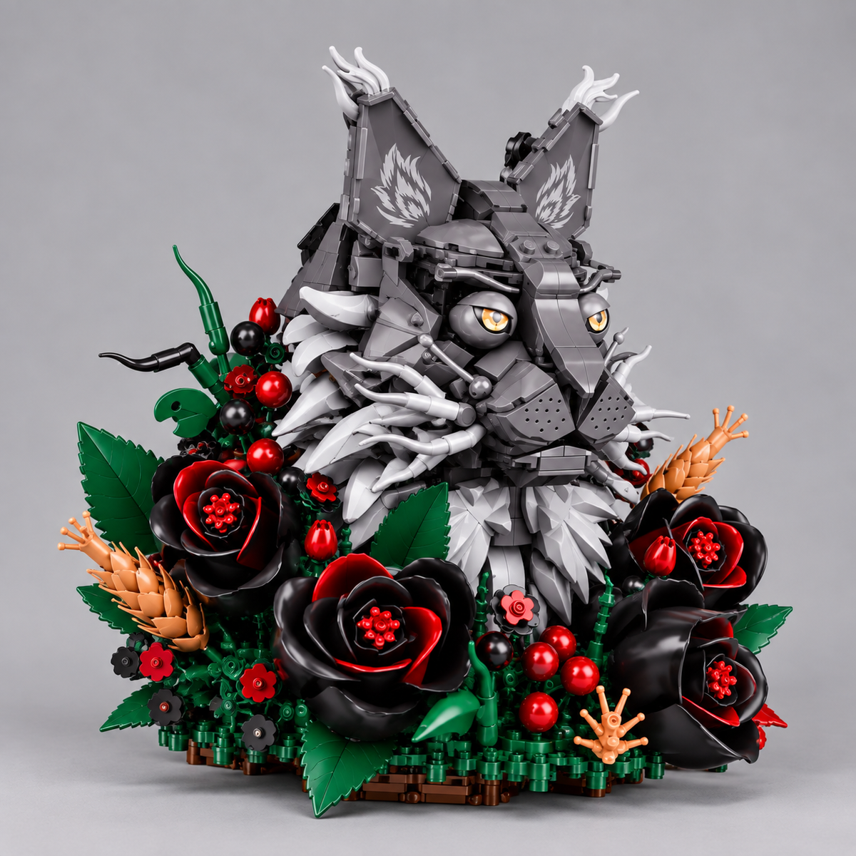 Graue Katze zwischen Blumen | Bausteine