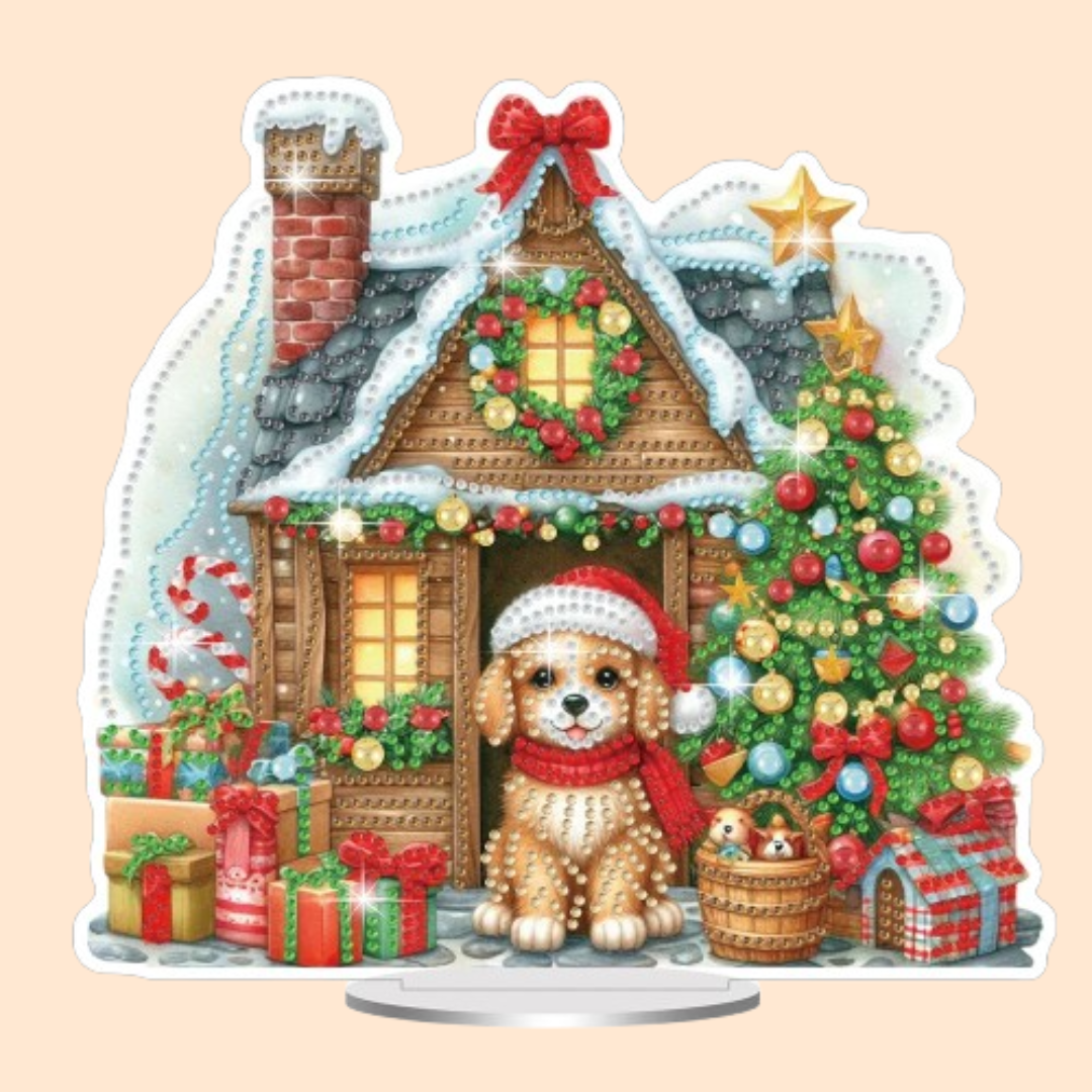 5D Hündchen vor dem Weihnachtshaus | Diamond Painting