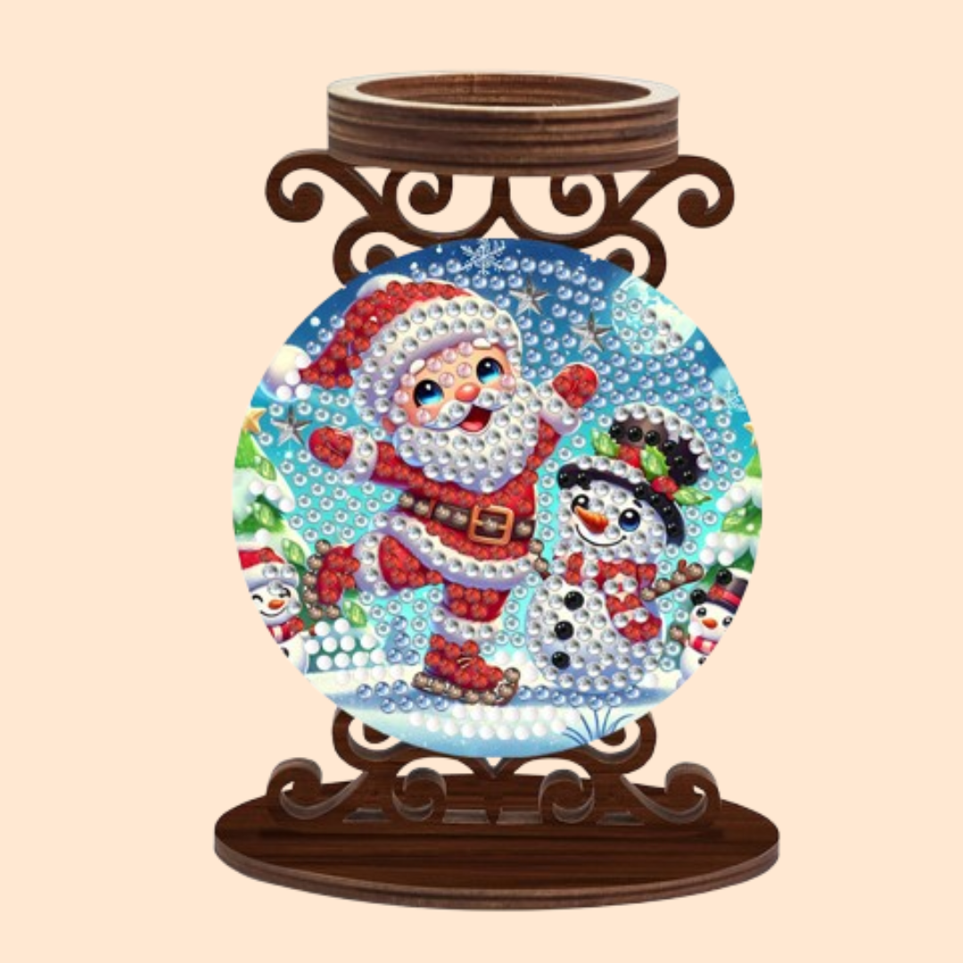 Weihnachtsmann mit Schneemann | Kerzenhalter | Diamond Painting