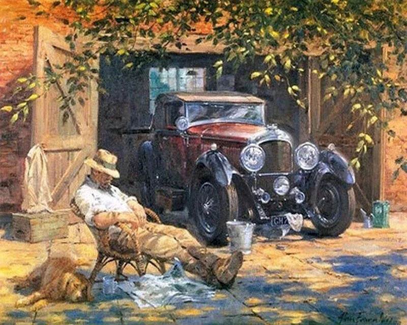 Schlafender Mann vor Oldtimer | Malen nach Zahlen