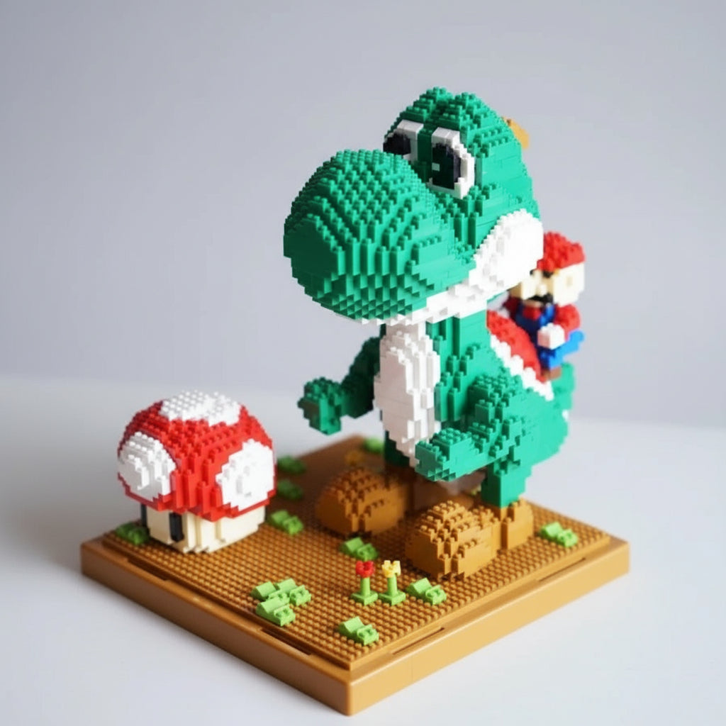 Grüner Dino mit rotem Klempner auf dem Baubrett | Bausteine