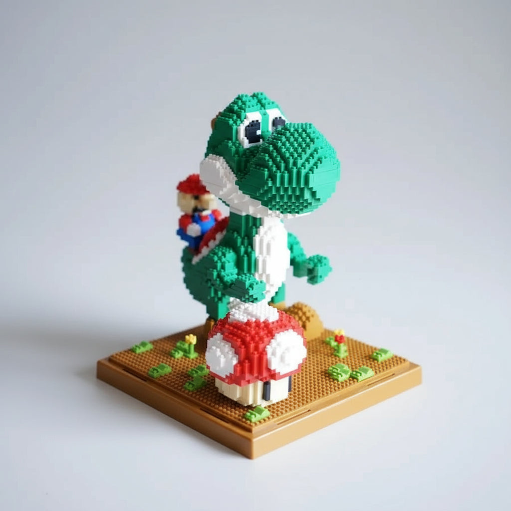 Grüner Dino mit rotem Klempner auf dem Baubrett | Bausteine
