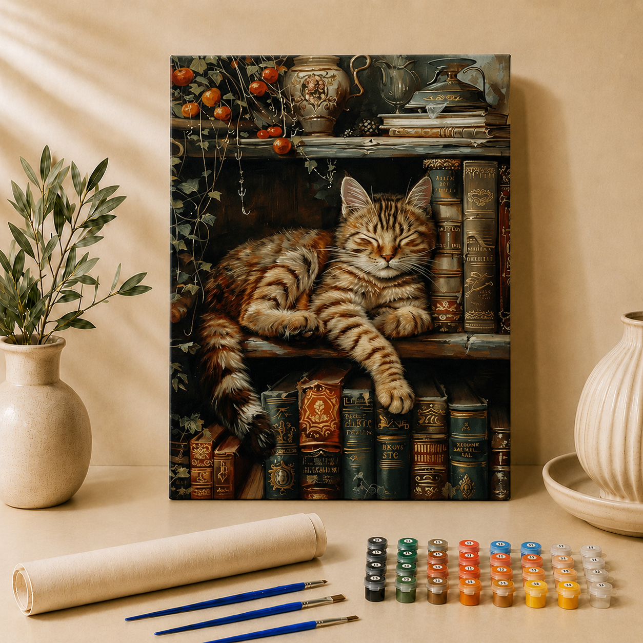 Katze im Bücherregal | Malen nach Zahlen