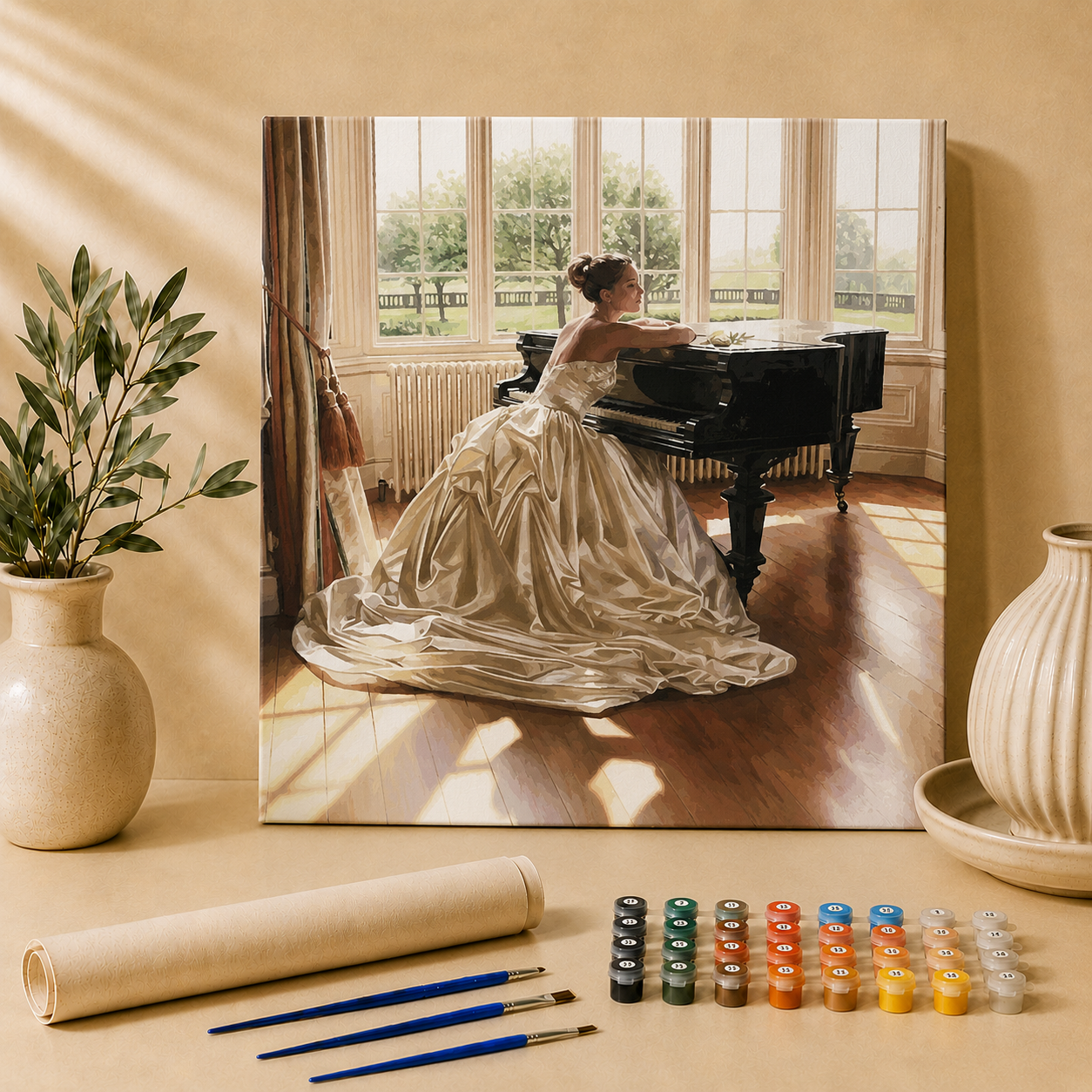 Frau hinter einem Klavier | Malen nach Zahlen