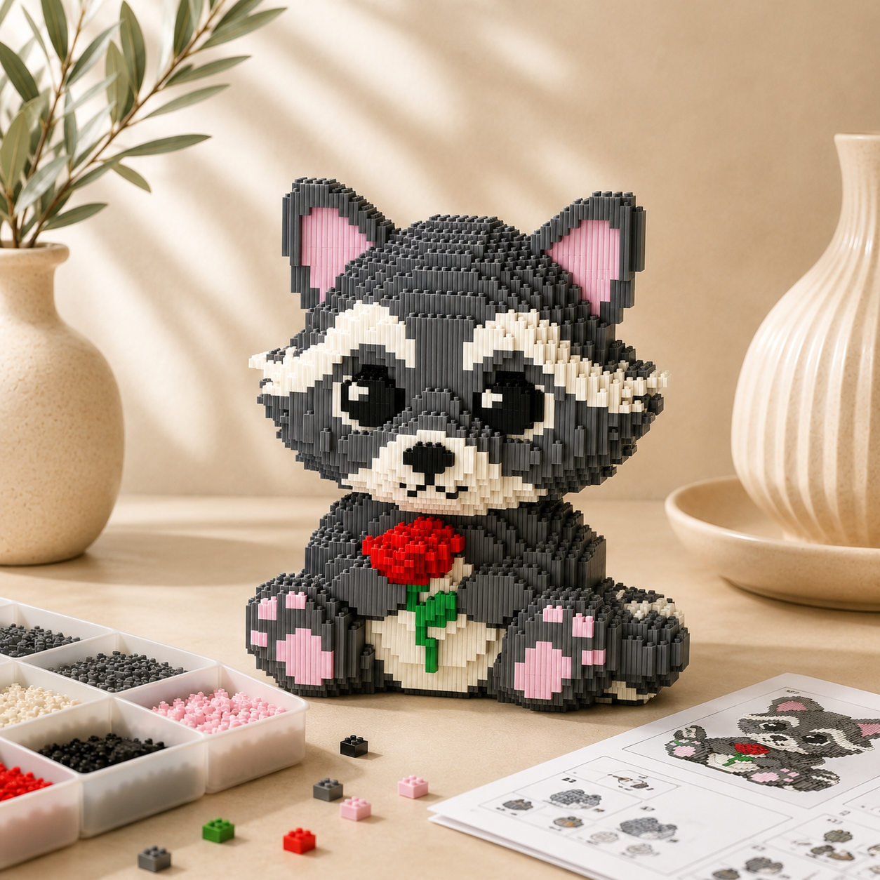 Waschbär mit Rose | Bausteine