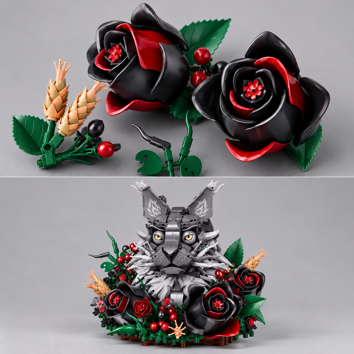 Graue Katze zwischen Blumen | Bausteine