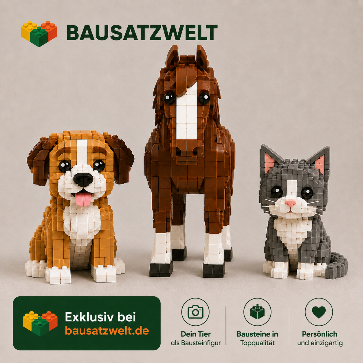 Dein Tier als Bausteinfigur nach eigenem Foto | 3 Figuren | Bausteine
