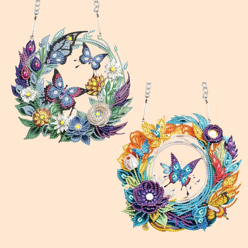Schmetterlinge mit Blumen | Diamond Painting Deko Anhänger