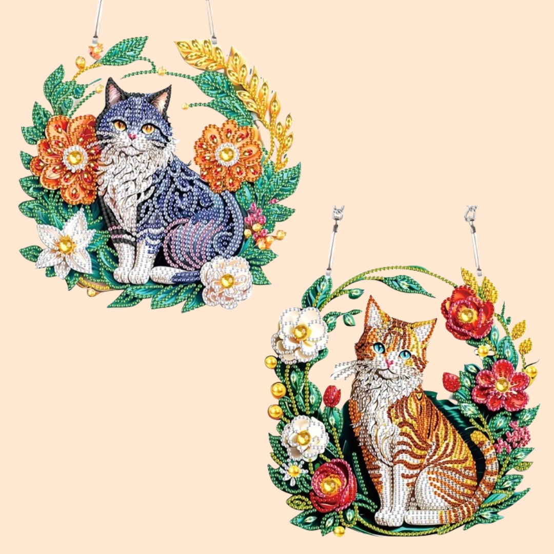 Katze mit Blumen | Diamond Painting Deko Anhänger