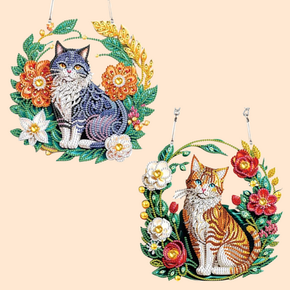 Katze mit Blumen | Diamond Painting Deko Anhänger