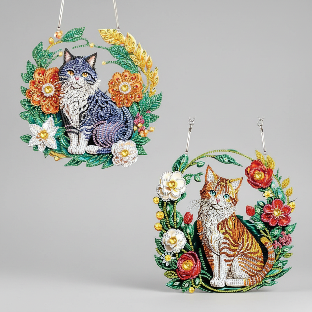 Katze mit Blumen | Diamond Painting Deko Anhänger