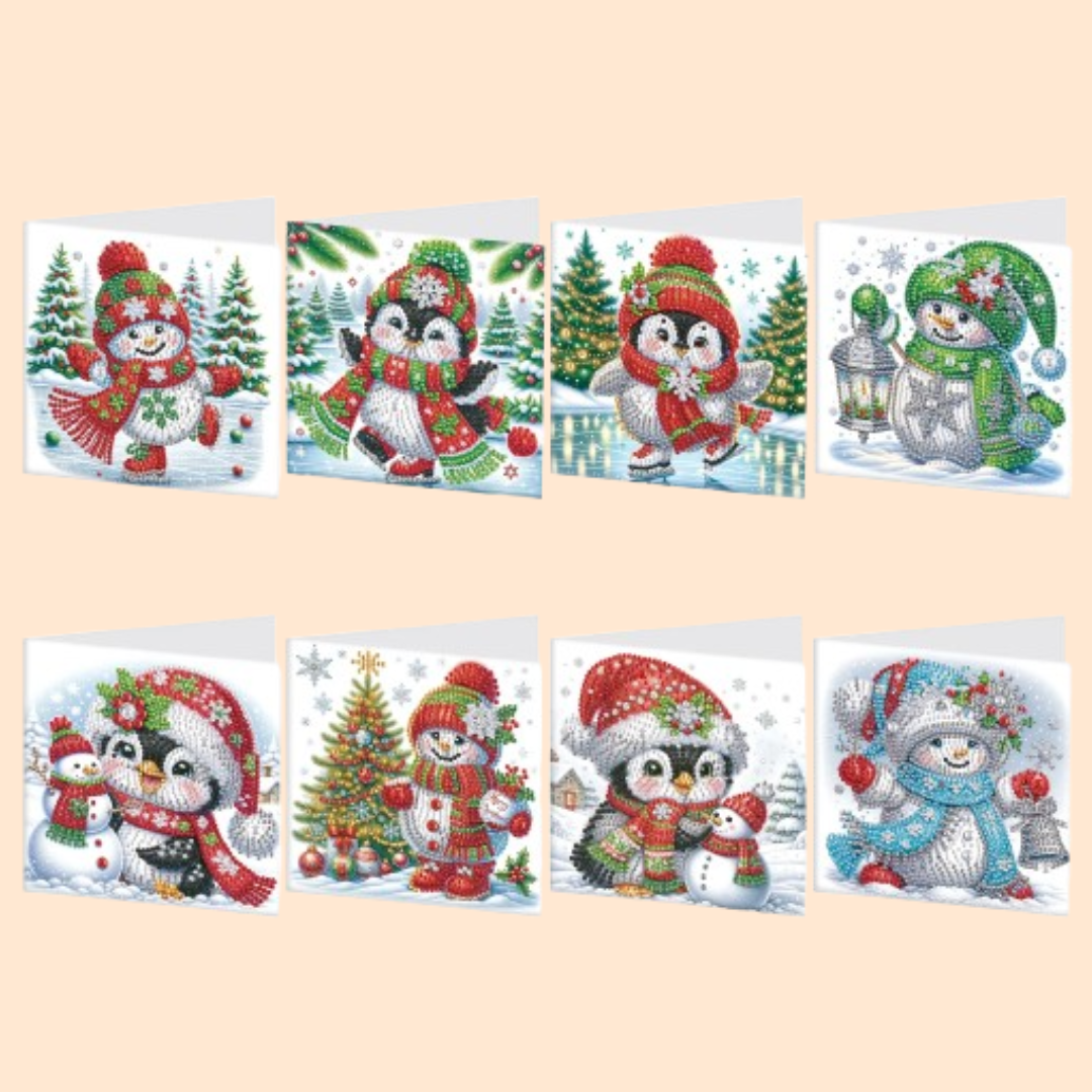 Pinguine & Schneemänner Weihnachtskarten | 8 Stück | Diamond Painting
