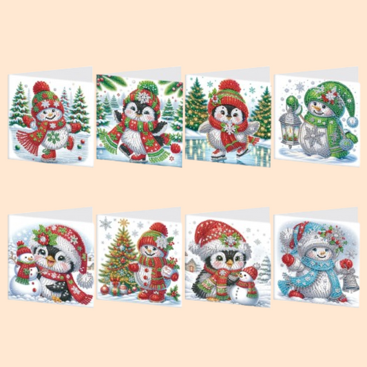 Pinguine & Schneemänner Weihnachtskarten | 8 Stück | Diamond Painting