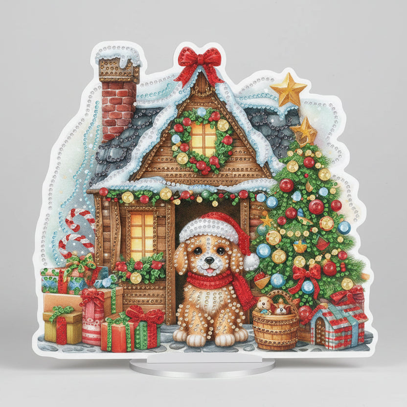 5D Hündchen vor dem Weihnachtshaus | Diamond Painting