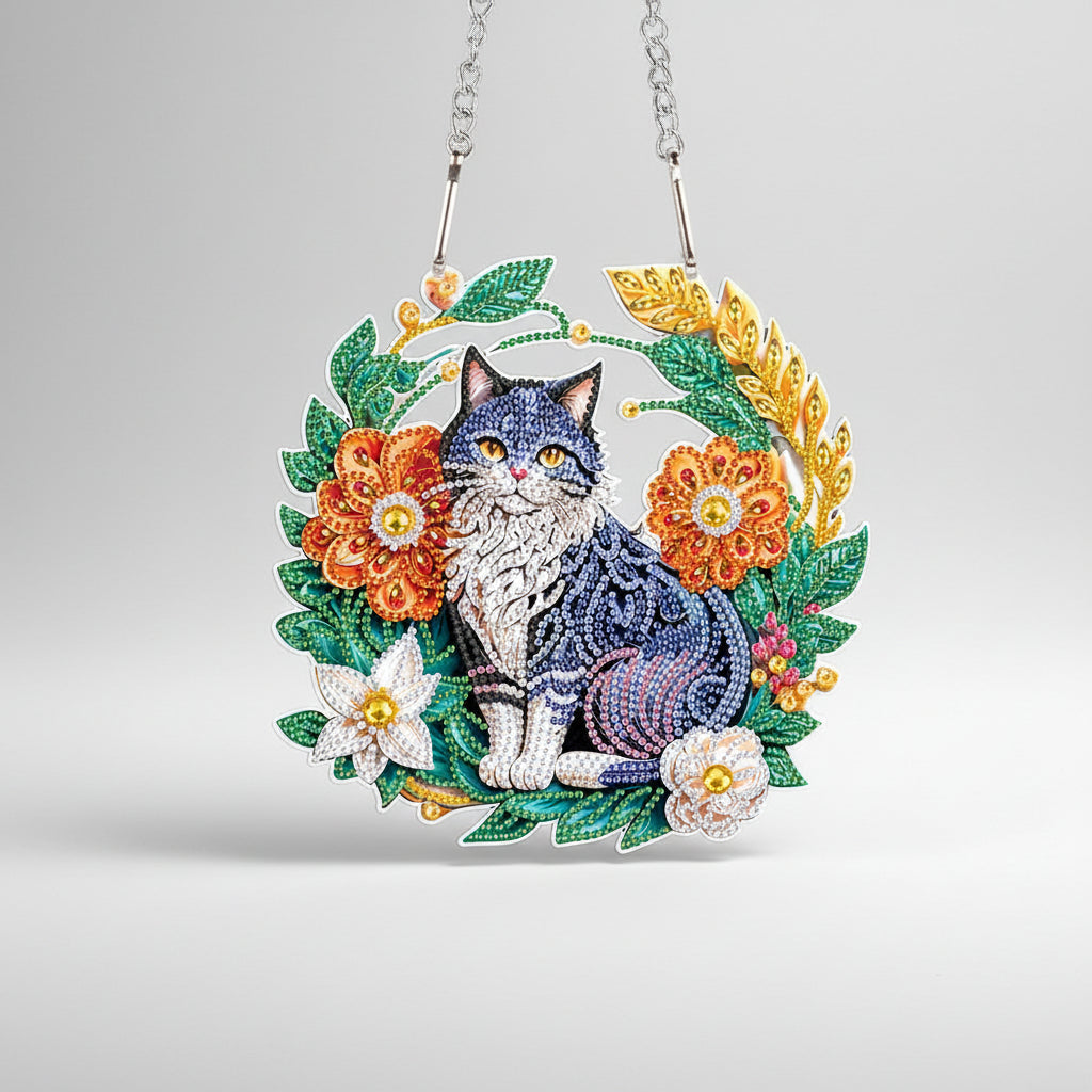 Katze mit Blumen | Diamond Painting Deko Anhänger