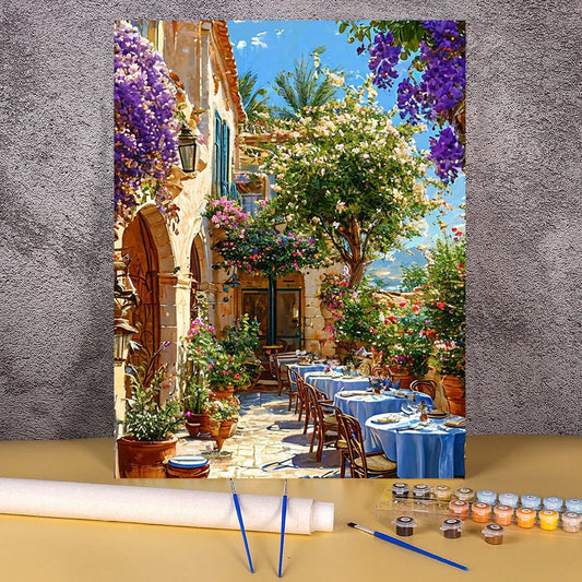 Terrasse mit Blumen – Malen nach Zahlen