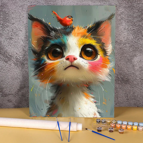 Katze mit Vögelchen | Malen nach Zahlen