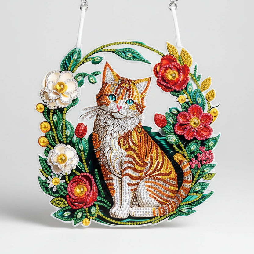 Katze mit Blumen | Diamond Painting Deko Anhänger