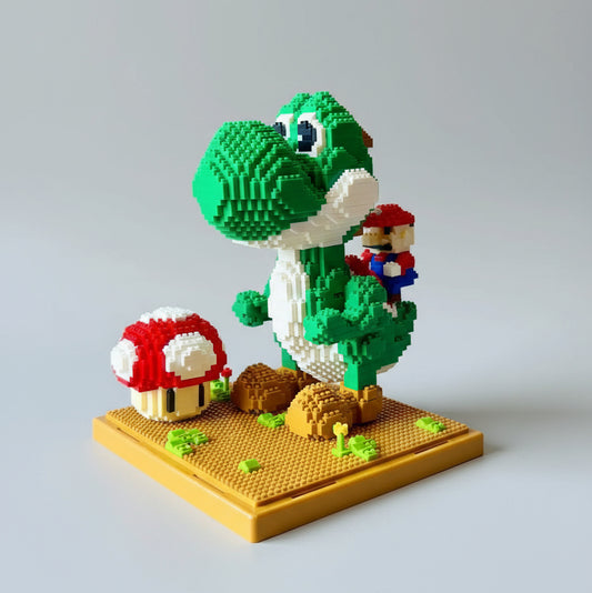 Grüner Dino mit rotem Klempner auf dem Baubrett  | Bausteine