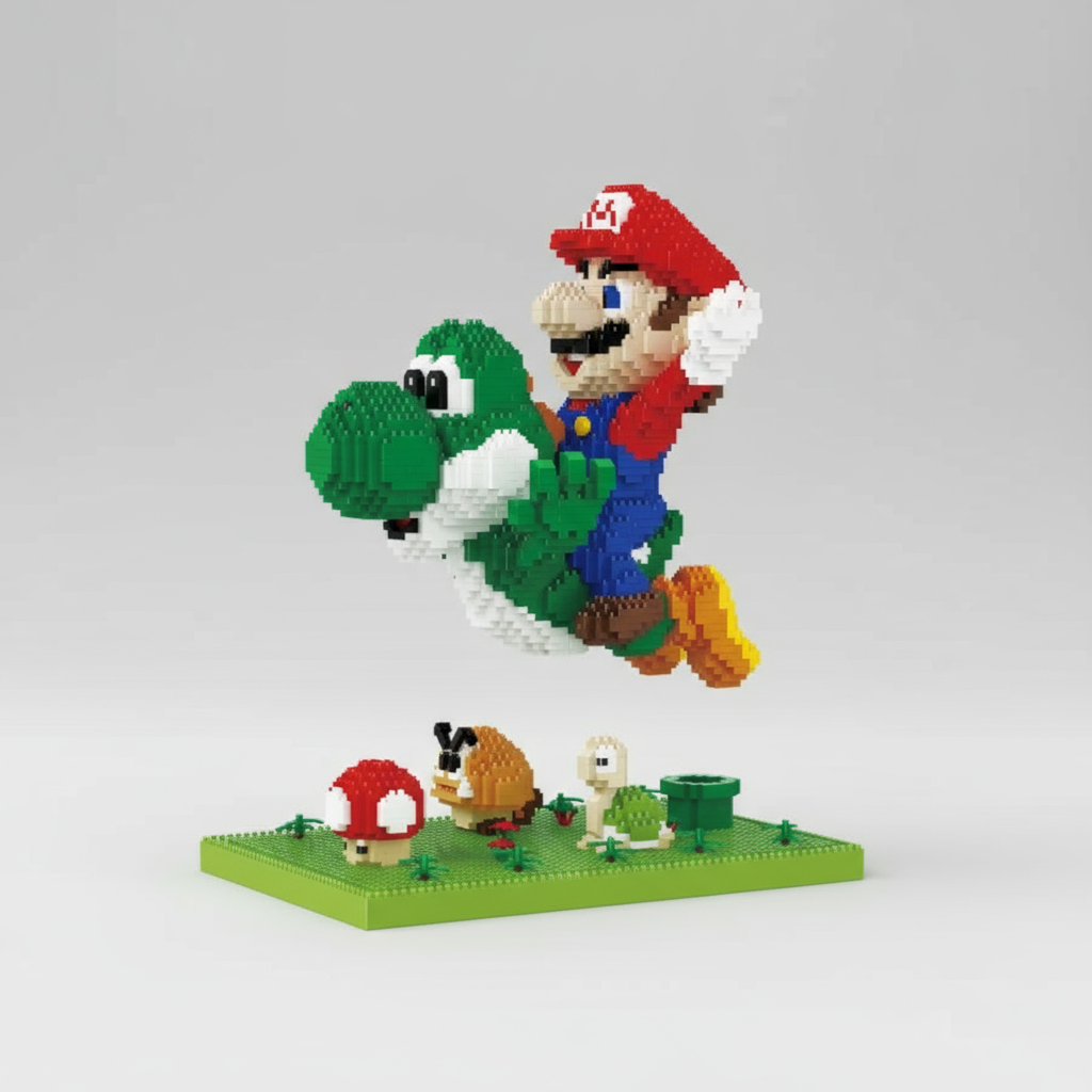 Fliegender grüner Dino mit rotem Klempner  | Bausteine