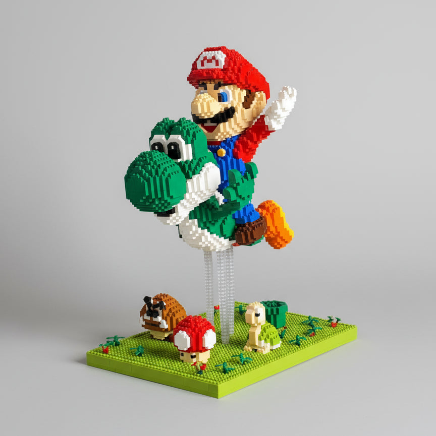 Fliegender grüner Dino mit rotem Klempner  | Bausteine